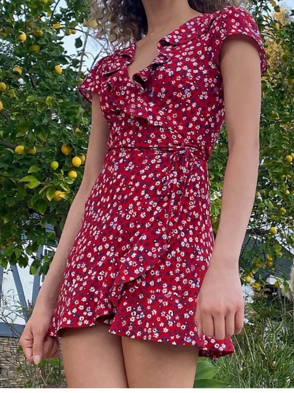 Red White and Blue Floral Wrap Mini Dress with Ruffle Details Aritzia